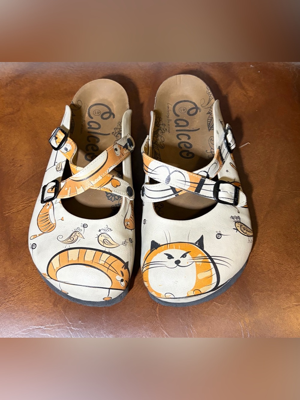 Calceo Cat & Bird Slip-on Clog Mules- Strap Buckle- Beige- Size 10.5 US/41 EU